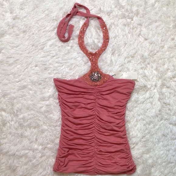 Sky Tops - NWT SKY Halter Y2K Stones Ruched Embellished Sequins Girly Sexy Date Romantic M